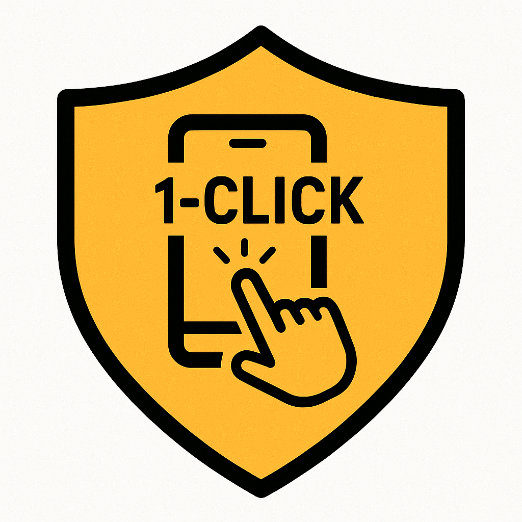 A yellow shield with a hand pointing at a cell phone that says 1 click