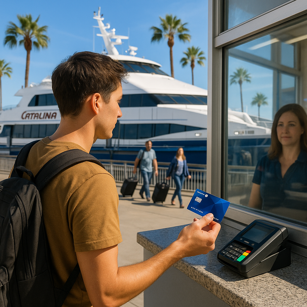 A man holding a credit card in front of a boat that says catalina