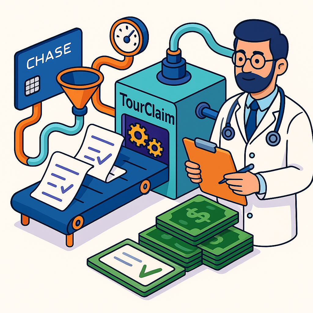 An illustration of a machine that says tourclaim on it