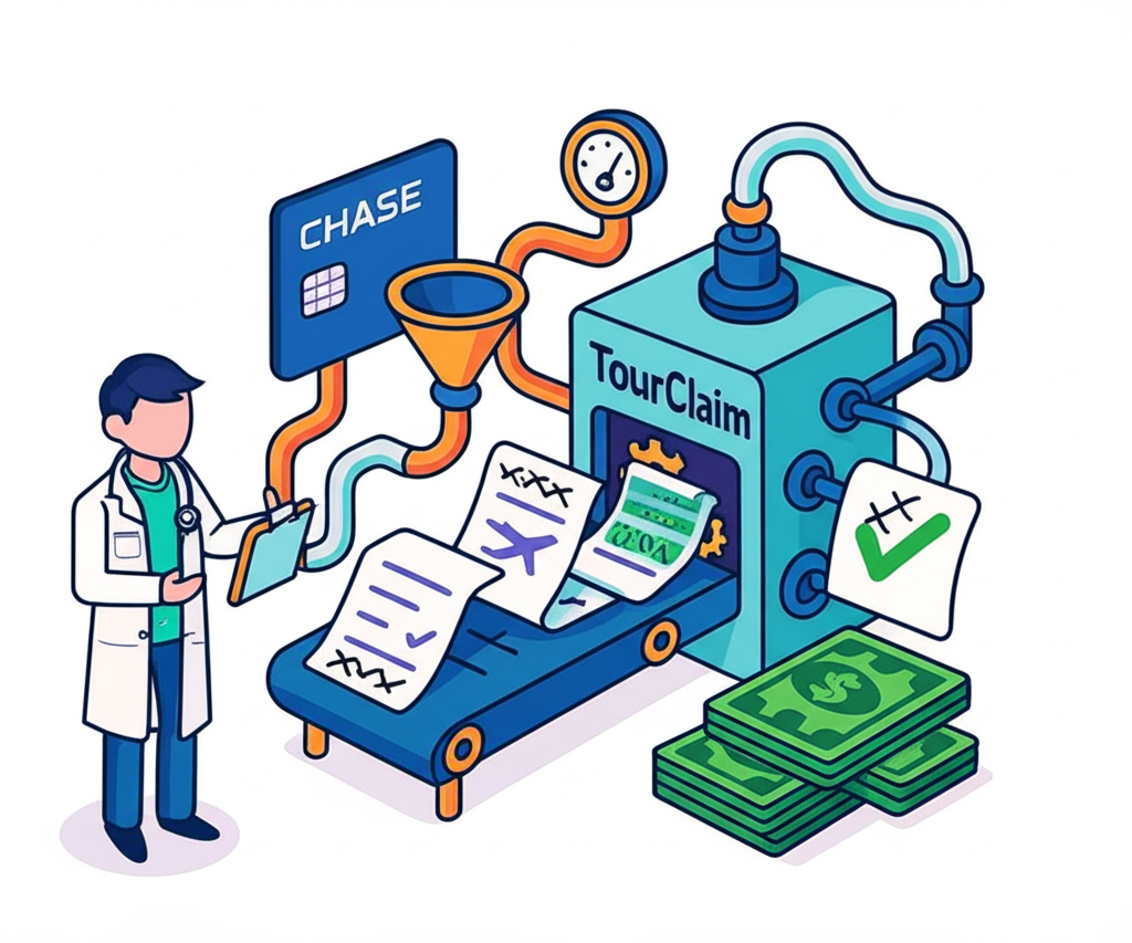 An illustration of a machine that says tourclaim on it