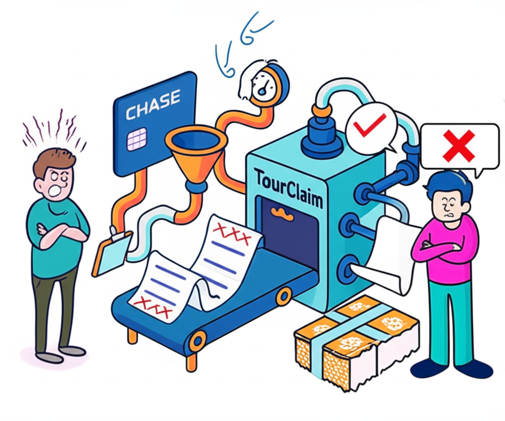 An illustration of a machine that says tourclaim on it