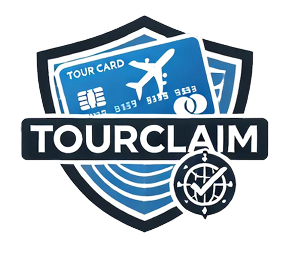 A logo for tourclaim shows a credit card with an airplane on it