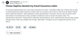 Chase sapphire denied my travel insurance claim on a facebook post.