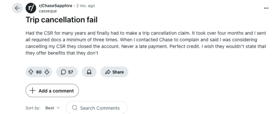 A screenshot of a trip cancellation fail page on a website.