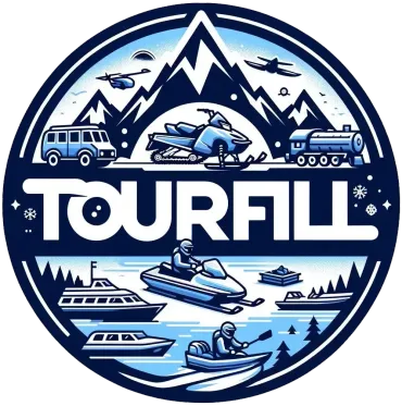 A logo for a company called tourfill with a snowmobile and boats