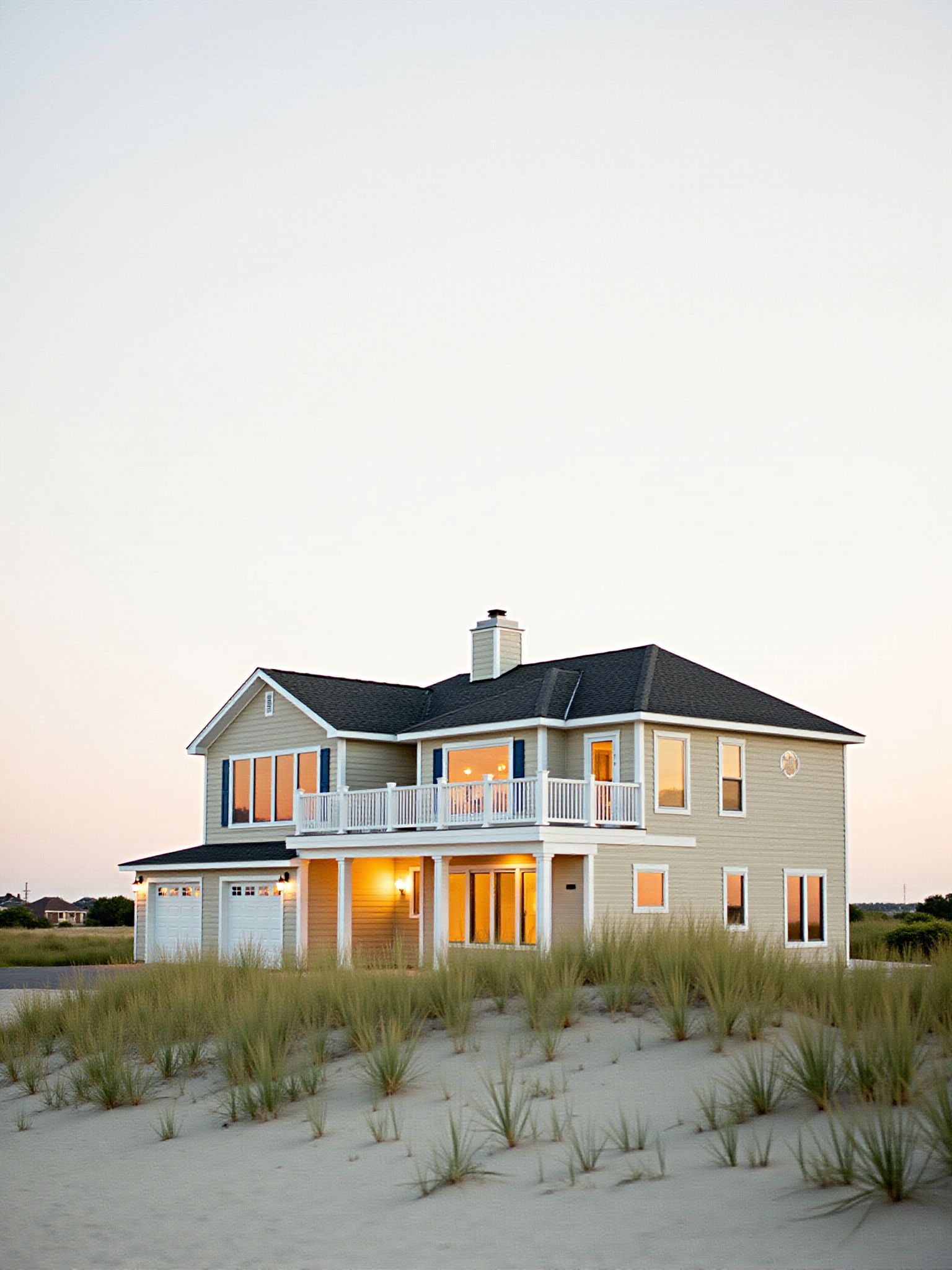Two-story beige beach house on a sand dune, lit windows, white railing, gray roof, and light sky.