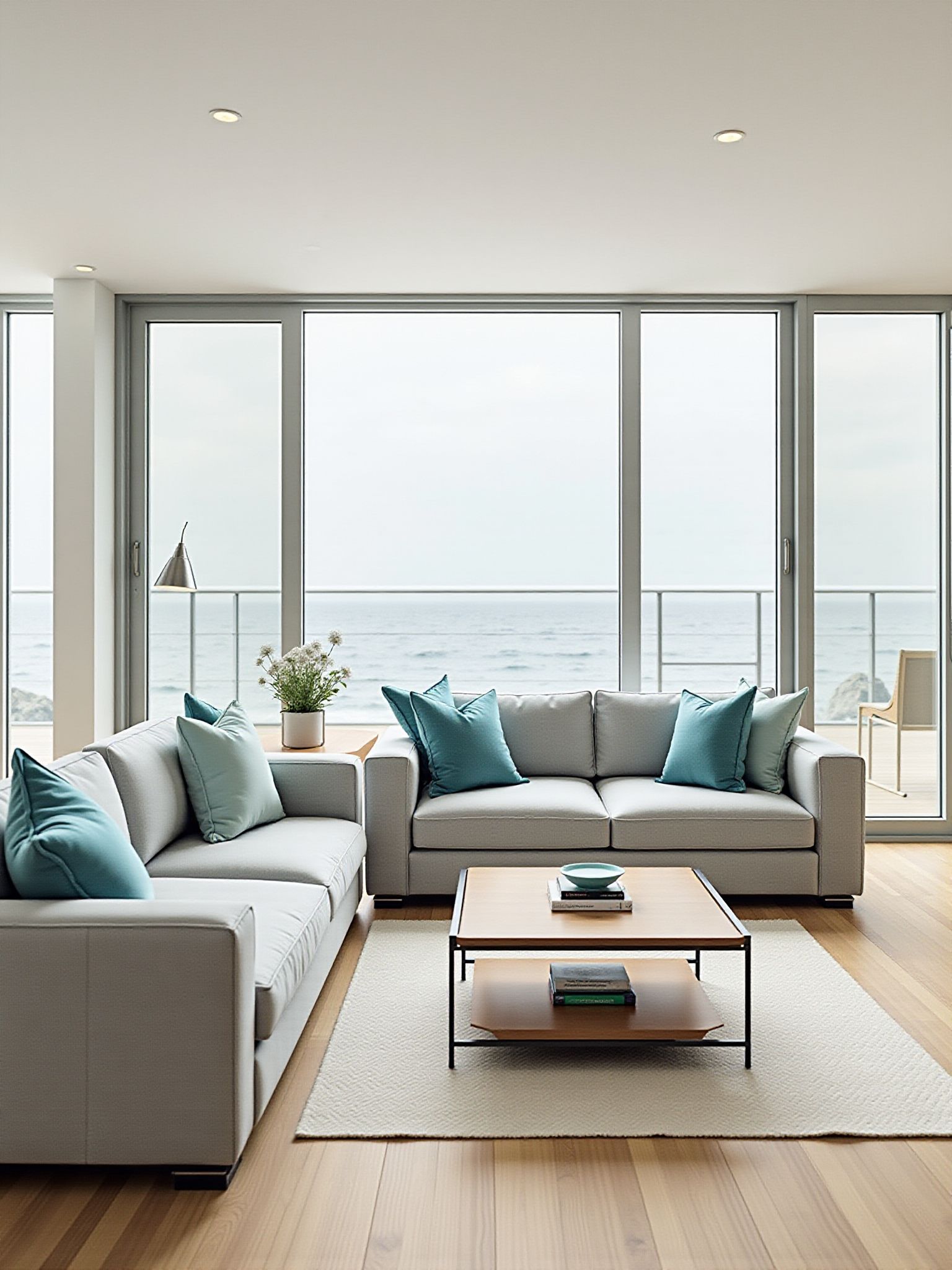 A living room with a gray sofa, teal pillows, a wooden coffee table, and a large window overlooking the ocean.