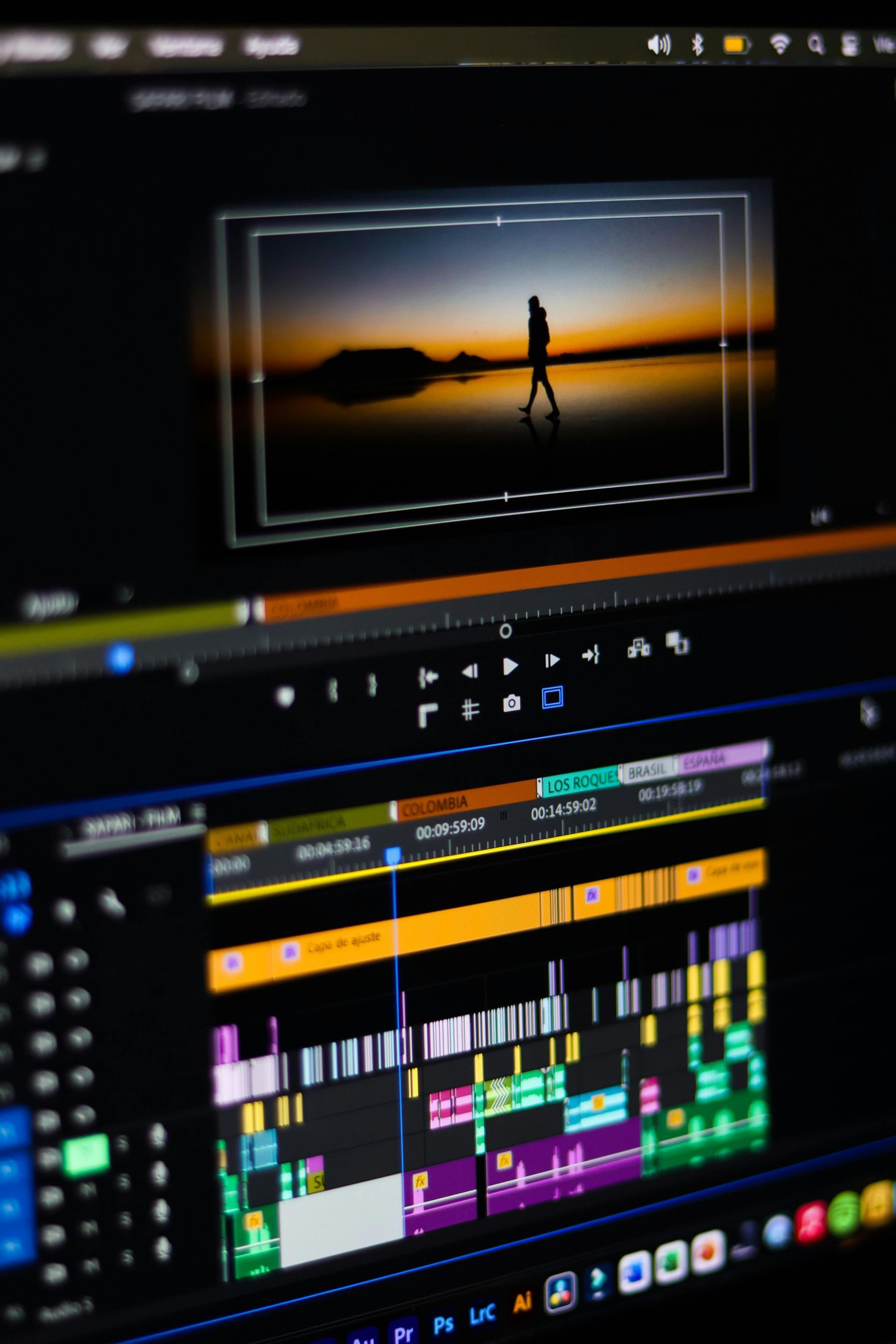 Video editing software interface with a sunset clip preview and a multicolored timeline below