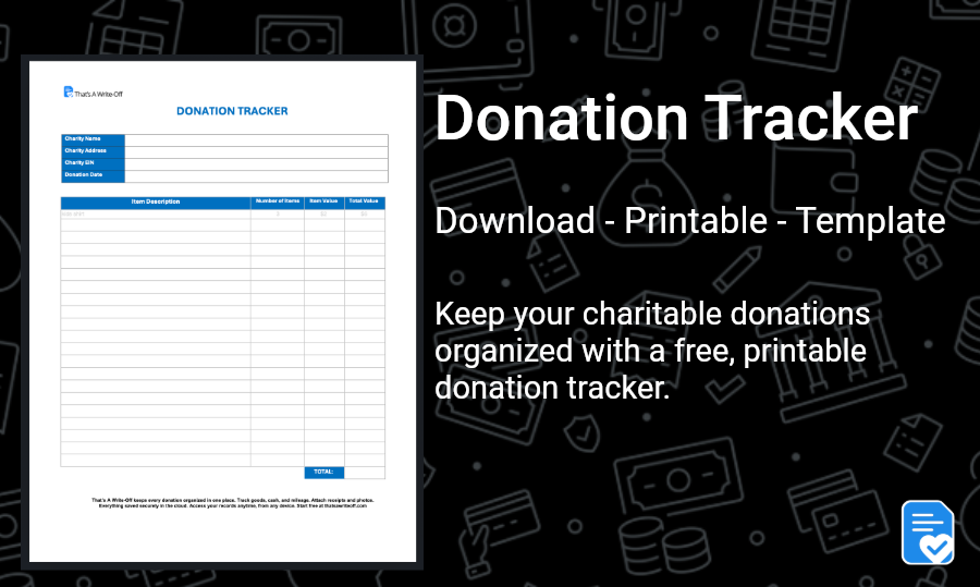 Printable charitable donation tracking template showing fields for donation date, charity name, donation type, item description, value, mileage, and receipt status.