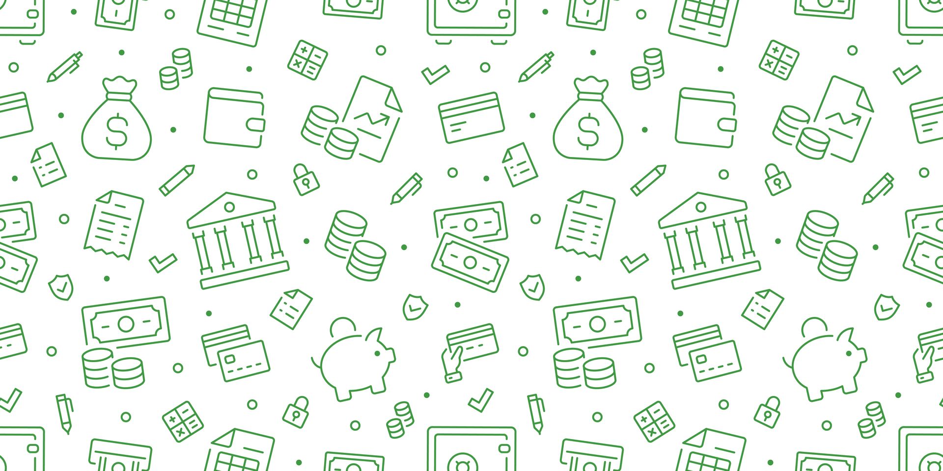 Green and white pattern of financial icons including coins, money bags, and banks.