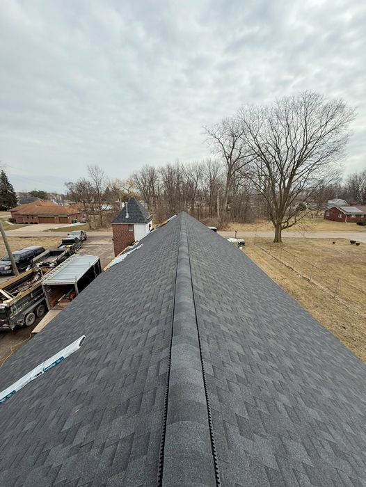 A view of a roof from the top of a house.