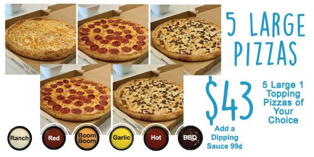 Eureka Pizza  5 for $43- 5 Large 1 Topping Pizzas