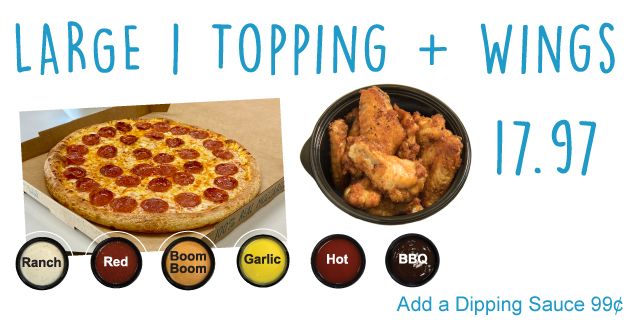 Eureka Pizza  Large 1 Topping Pizza + 8 Wings $17.97