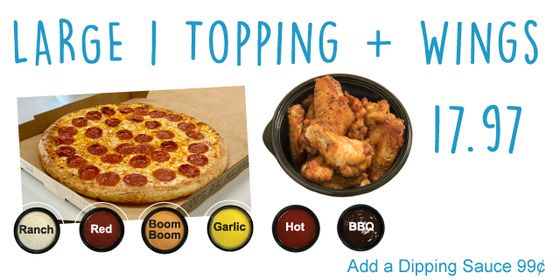 Eureka Pizza  Large 1 Topping Pizza + 8 Wings $17.97