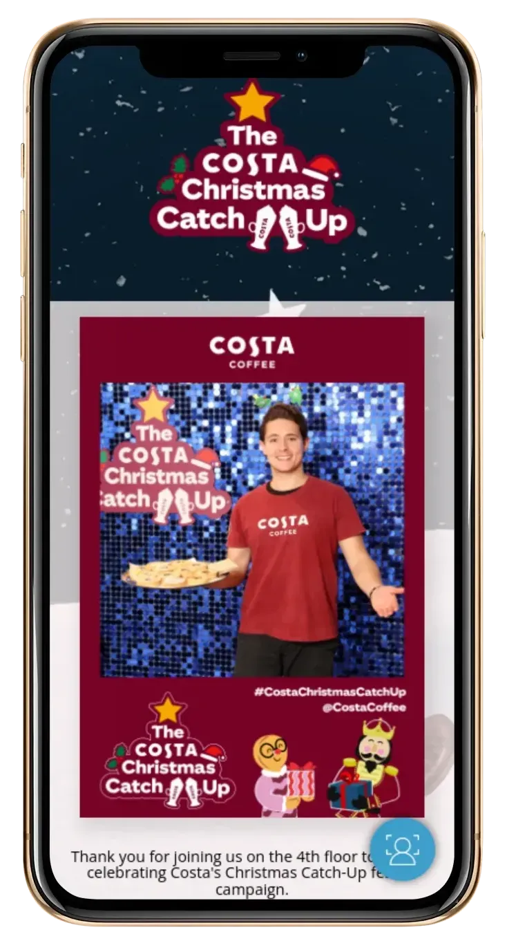 image of an iPhone with a photo from the event at Costa Coffee, printed on-site during a brand activation. With the mobile phone displaying the micro and gallery of branded images from the event.