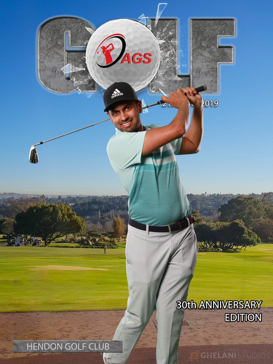 Green screen event photography of a golfer on a course with branding in the background