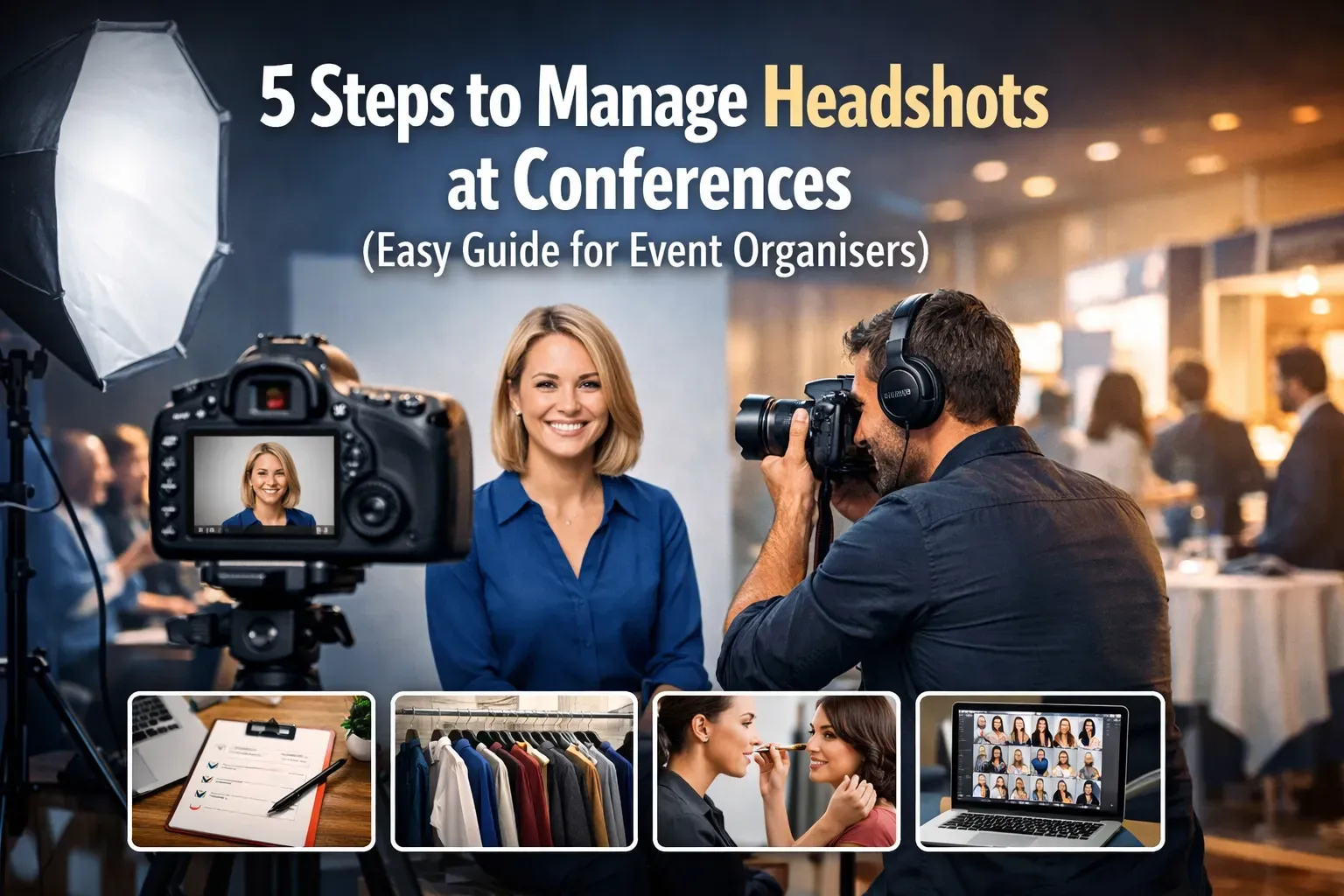 Professional headshot photographer in London, capturing portraits at a busy corporate event