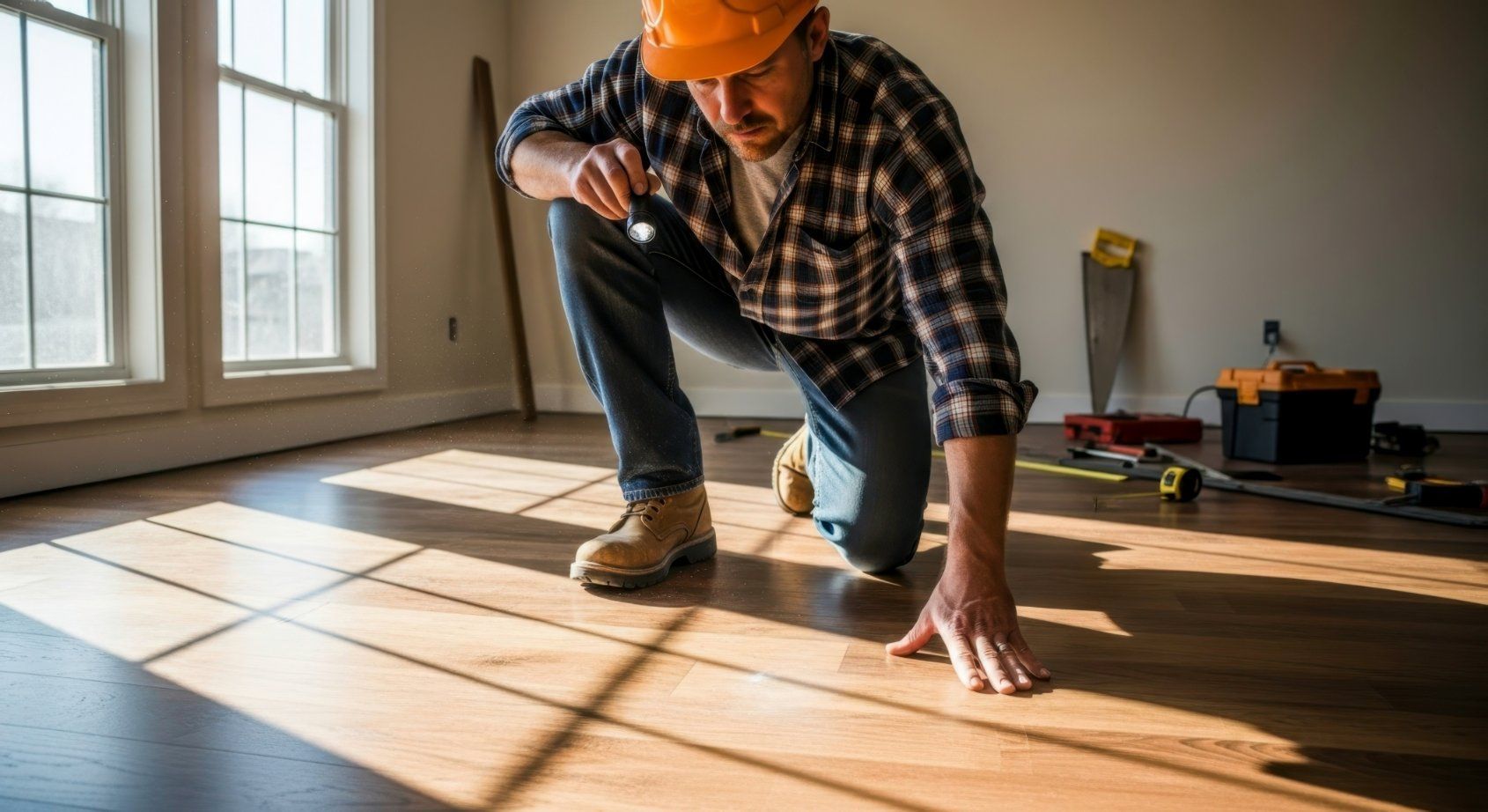 Construction worker inspecting hardwood floor with flashlight. Bright interior, sunlight, tools visible.