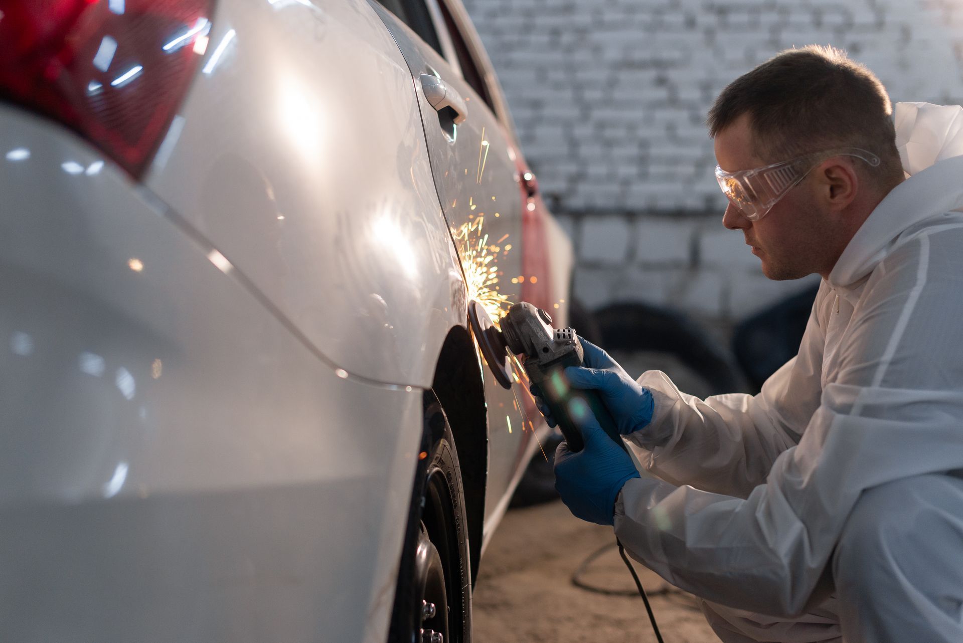 A man is polishing a car with a grinder in a garage.