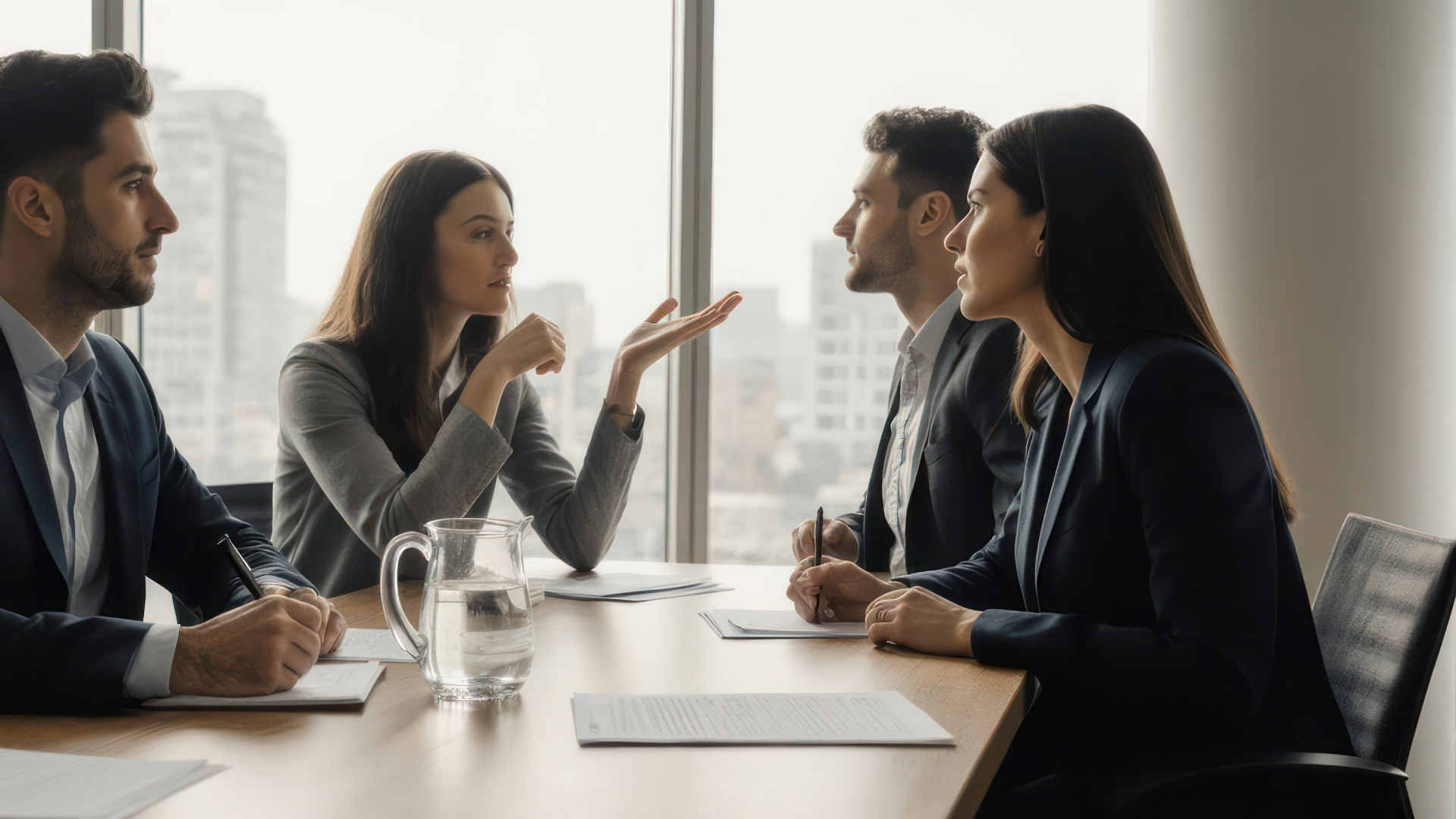 Business colleagues in a meeting, gesturing, seated at a conference table near a large window.