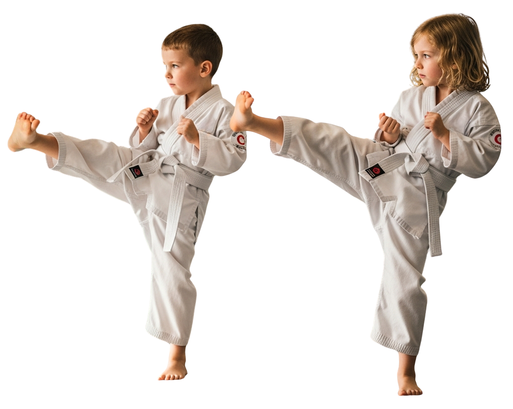 A boy and two girls are wearing karate uniforms and pointing at the camera