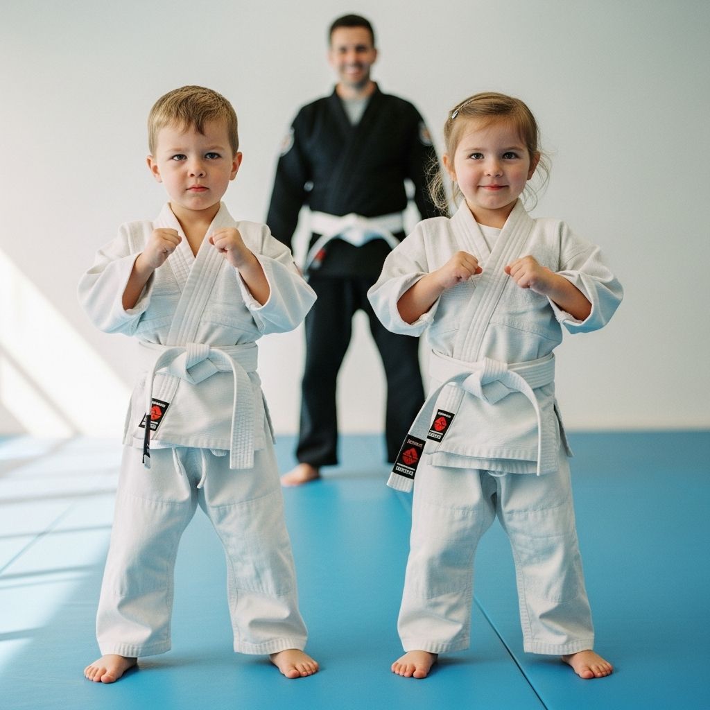 A group of young girls are practicing karate in a gym.