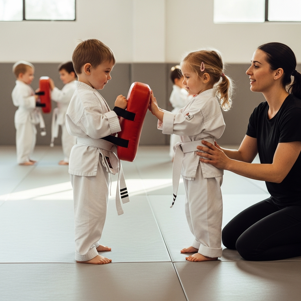 A boy and a girl are practicing taekwondo together.