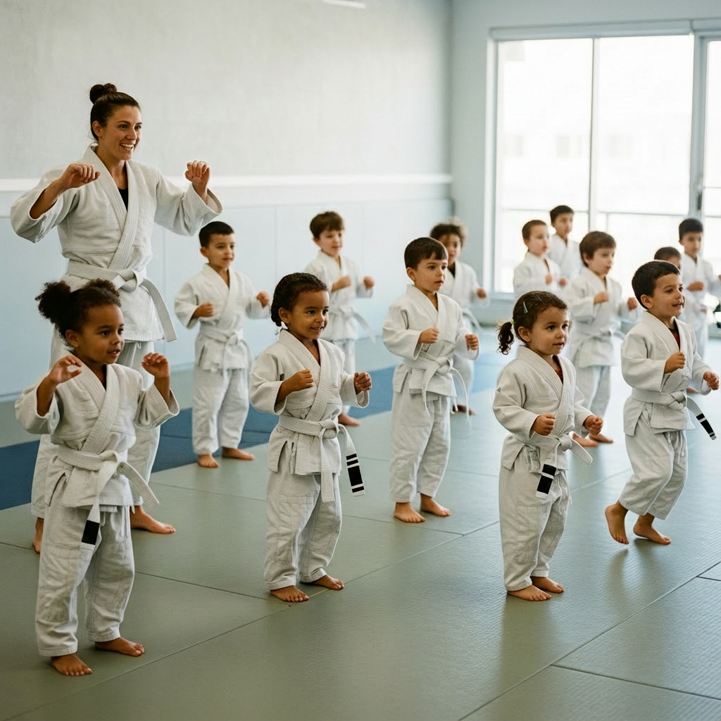 A young girl in a karate uniform is sitting on the floor.