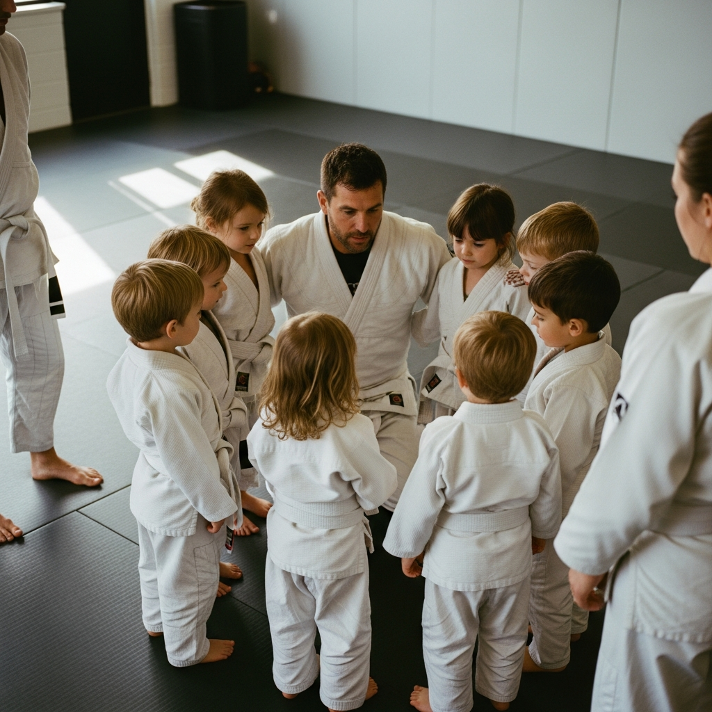 A man is kneeling down next to a young boy in a taekwondo class.