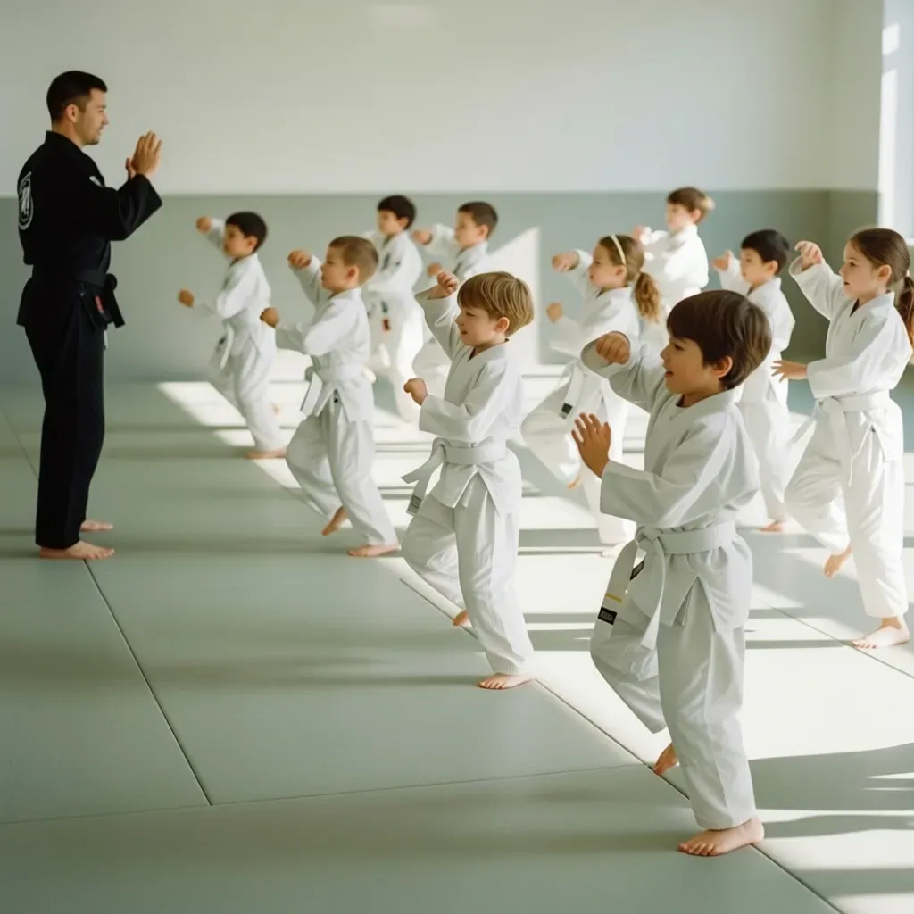 A young girl in a karate uniform is sitting on the floor.
