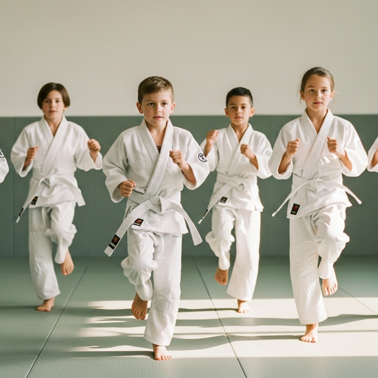 A young girl in a karate uniform is sitting on the floor.