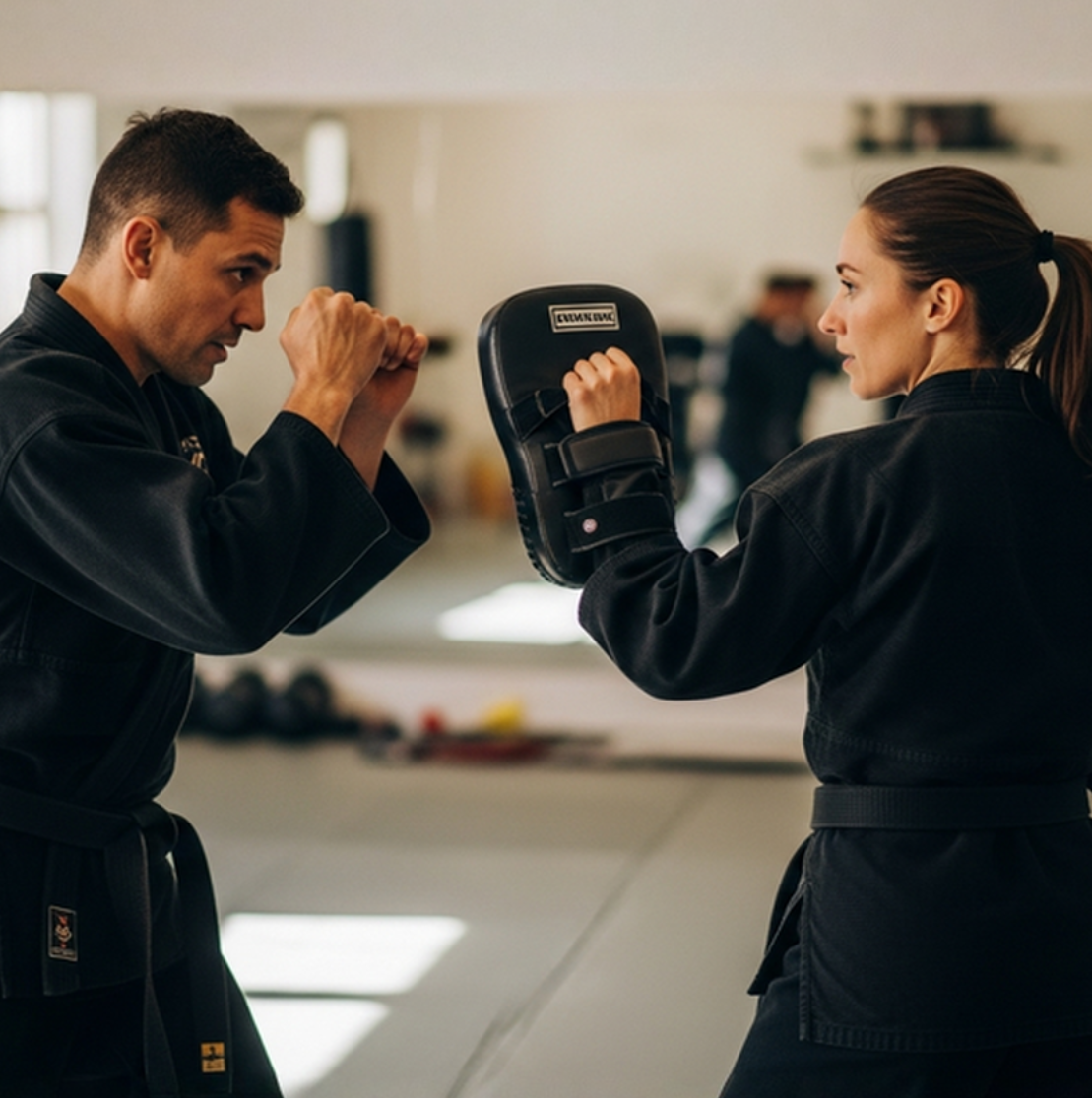 Two young men are practicing karate on a mat