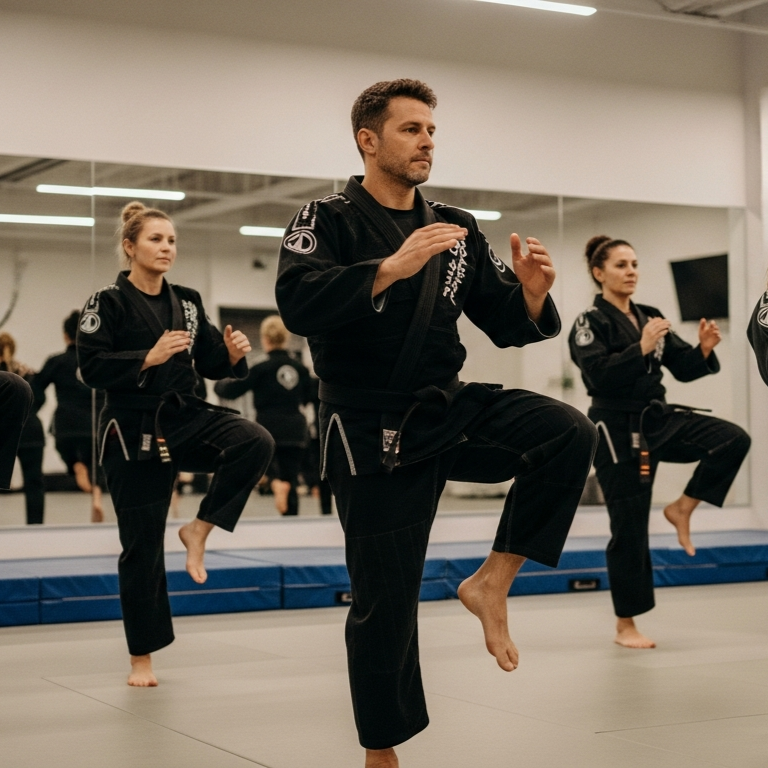 A group of men are practicing karate in a gym.