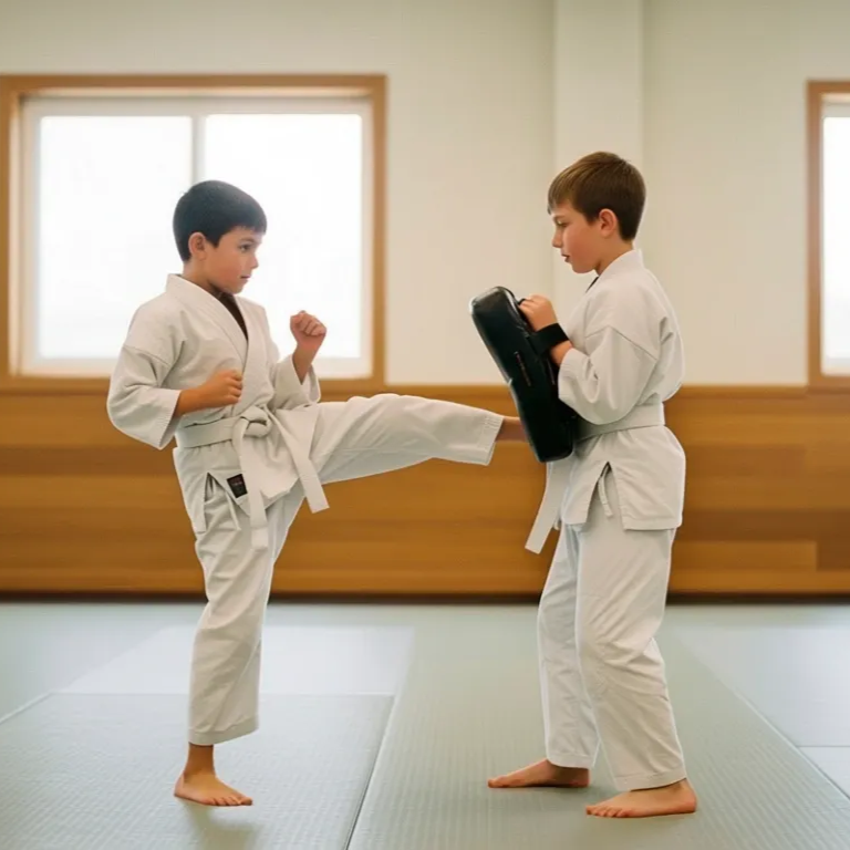 A boy and a girl are practicing taekwondo together.