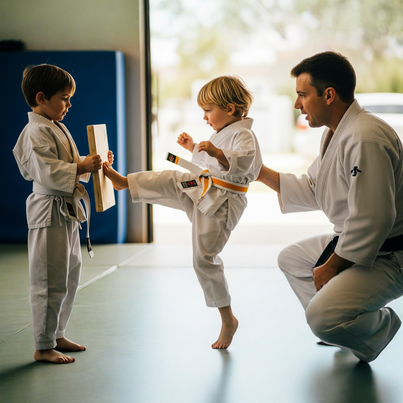 A young girl is practicing taekwondo in a gym.