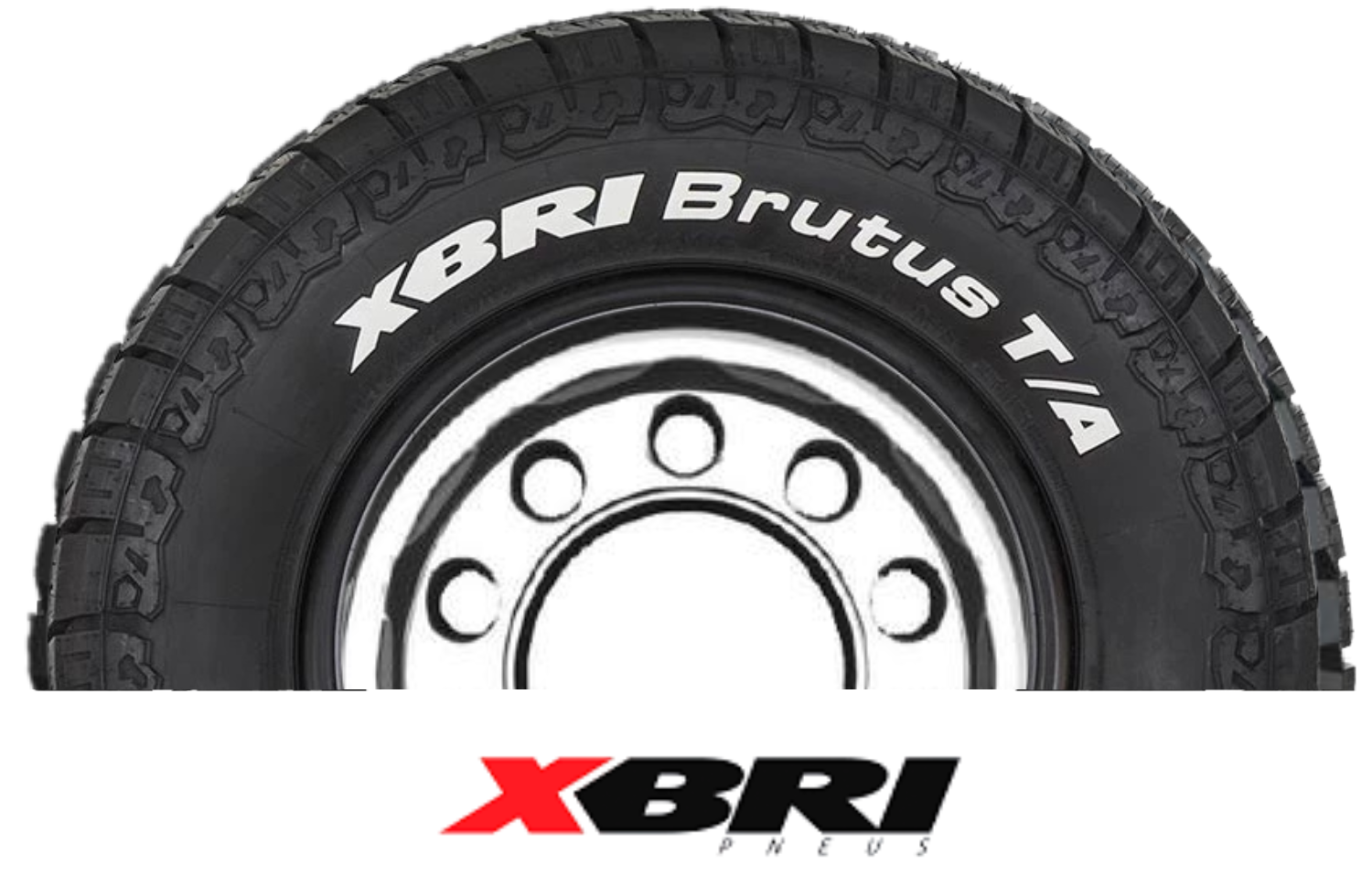 Pneu XBRI Brutus T/A preto em roda prateada, com o logotipo XBRI em vermelho e preto abaixo.