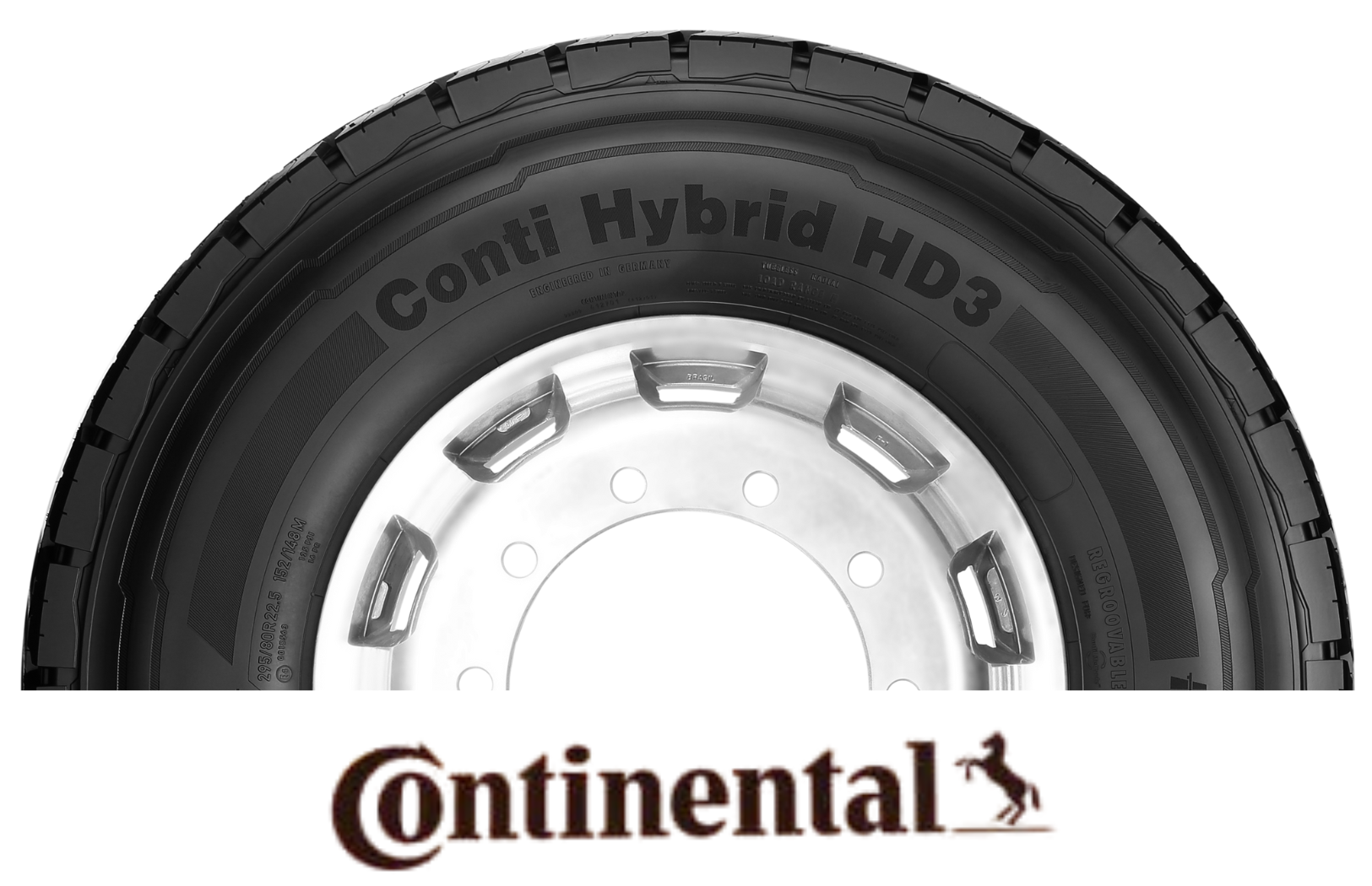 Pneu Continental Conti Hybrid HD3 para caminhão montado em uma roda prateada.