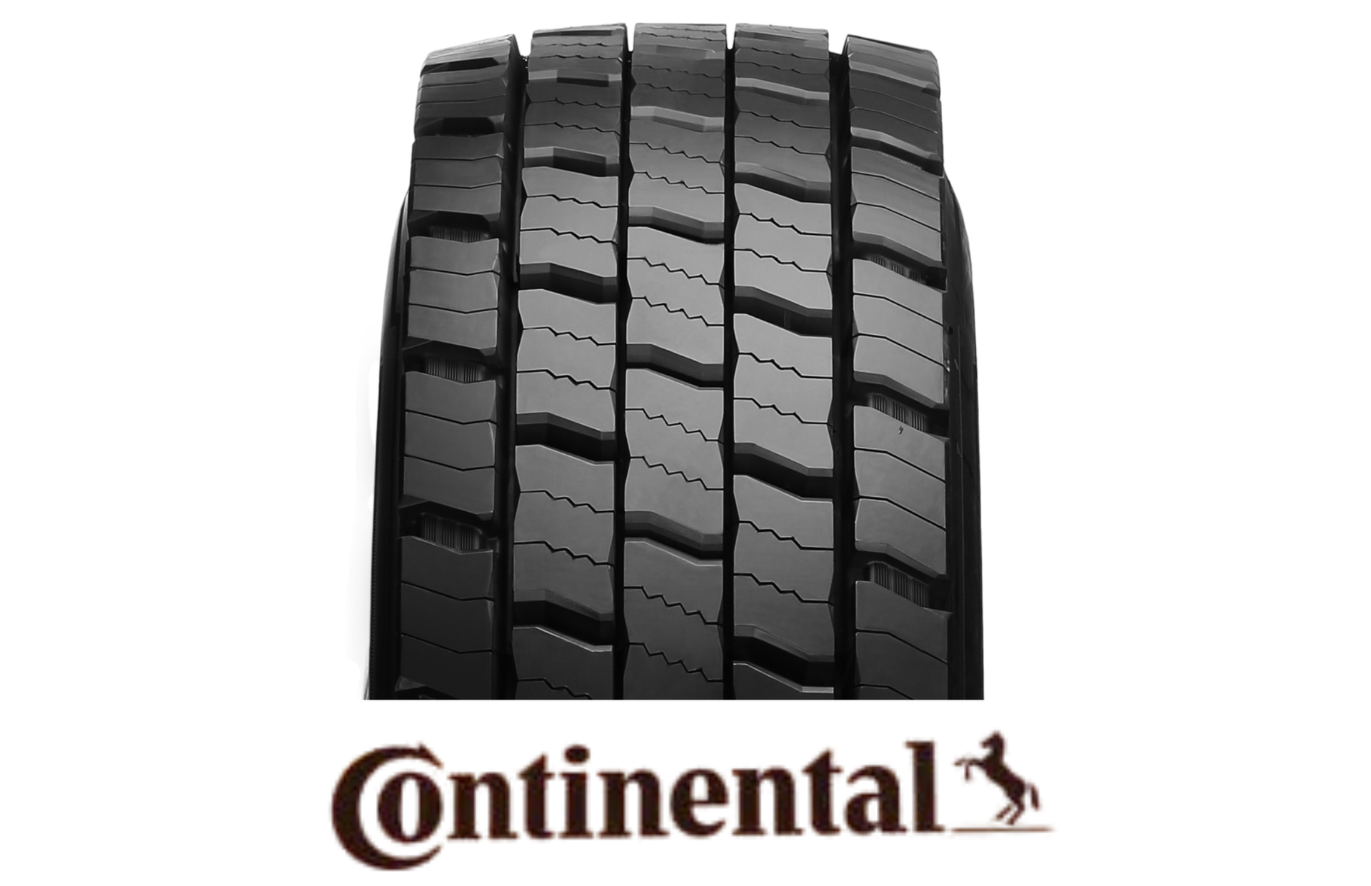 Pneu preto Continental para caminhão com padrão de piso em zigue-zague.