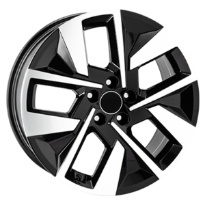 Roda de liga leve preta e prateada com design geométrico nos raios.