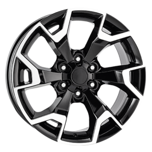 Roda de liga leve preta e prateada com um design complexo e geométrico dos raios.