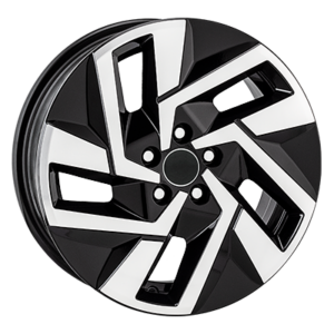 Roda de liga leve preta e prateada com design geométrico nos raios.