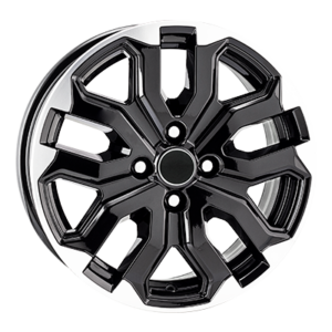 Roda de liga leve preta e prateada com um design geométrico complexo, centrada em um fundo branco.