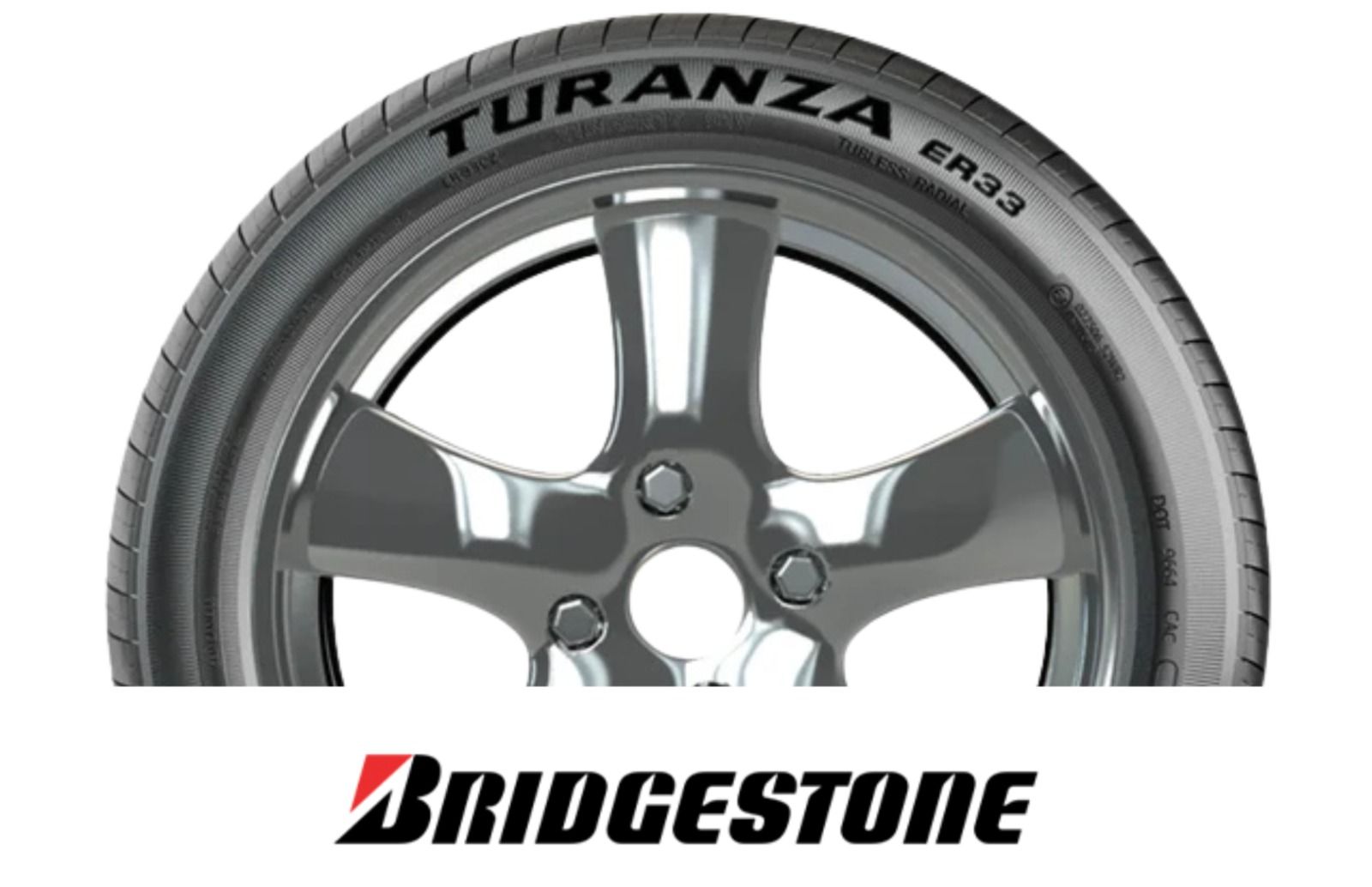 Pneu Bridgestone Turanza ER33 montado em uma roda de liga leve prateada.