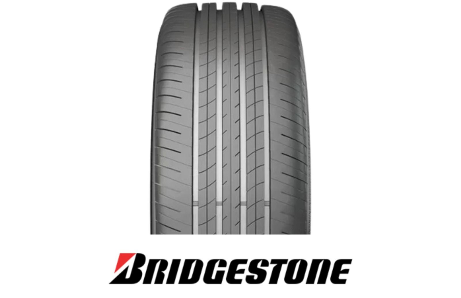 Pneu Bridgestone com desenho da banda de rodagem e logotipo da empresa abaixo.
