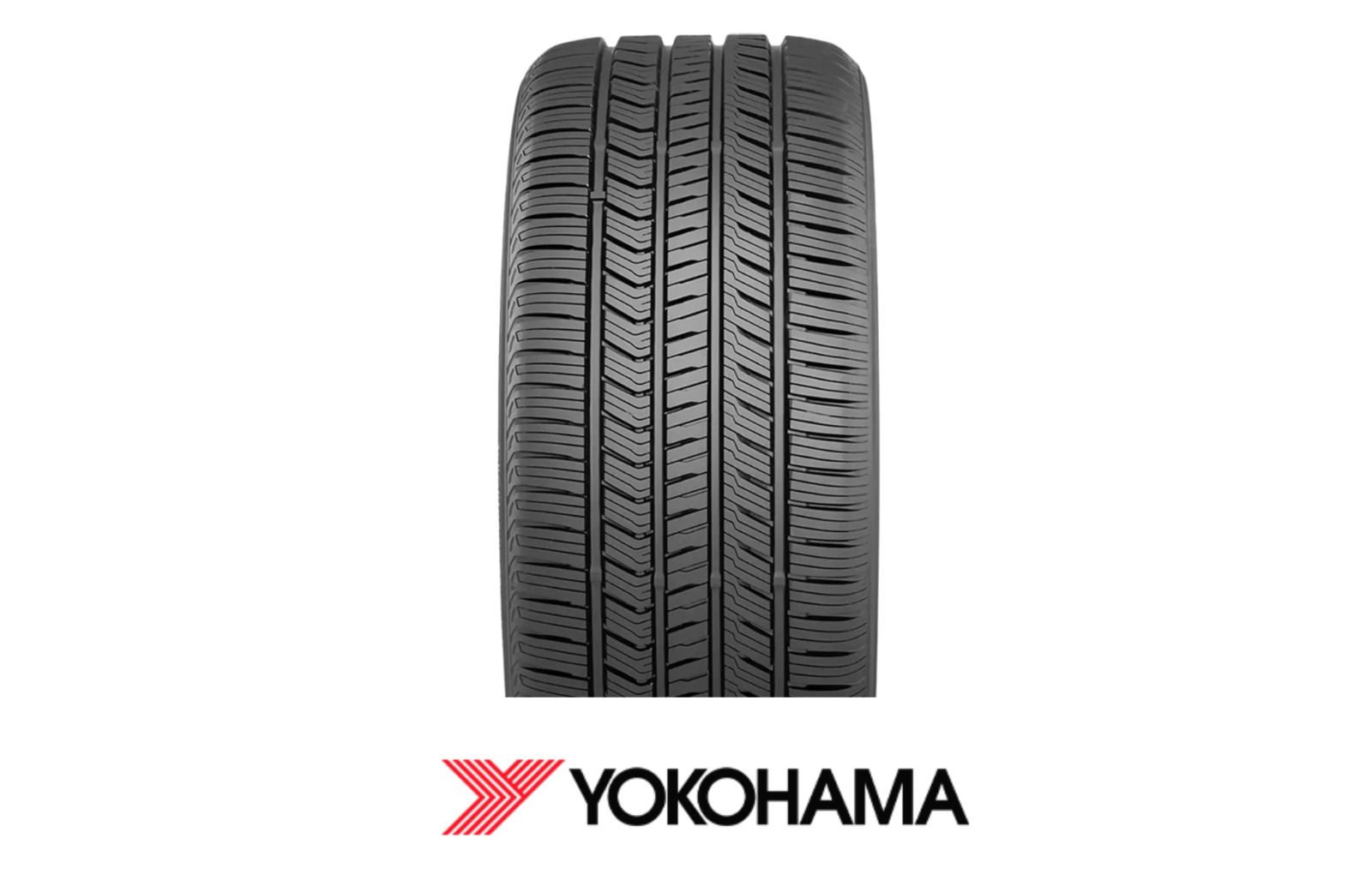 Pneu Yokohama com padrão de piso, centralizado em um fundo branco.