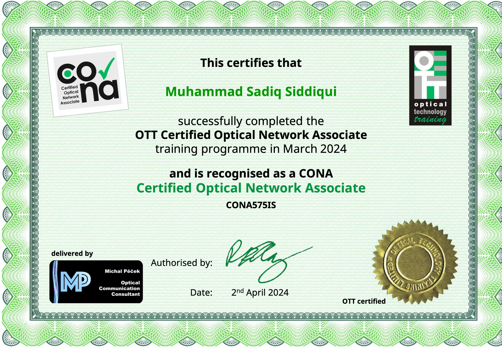 A commscope certificate for WR9417 of attendance for sodiq siddiqui