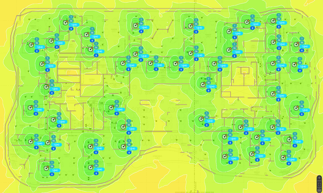 A floor plan of a building with lots of blue dots on a yellow background.