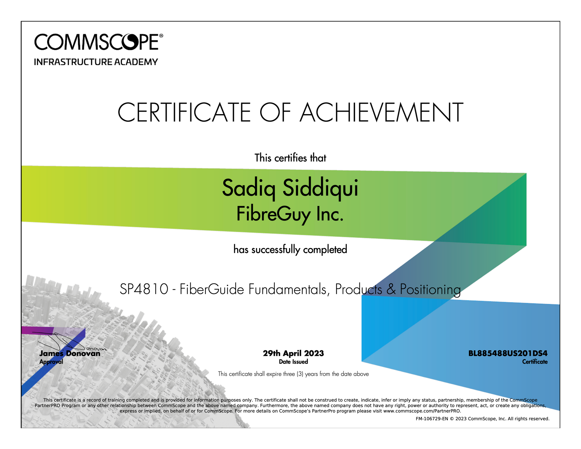 A commscope certificate for WR9417 of attendance for sodiq siddiqui