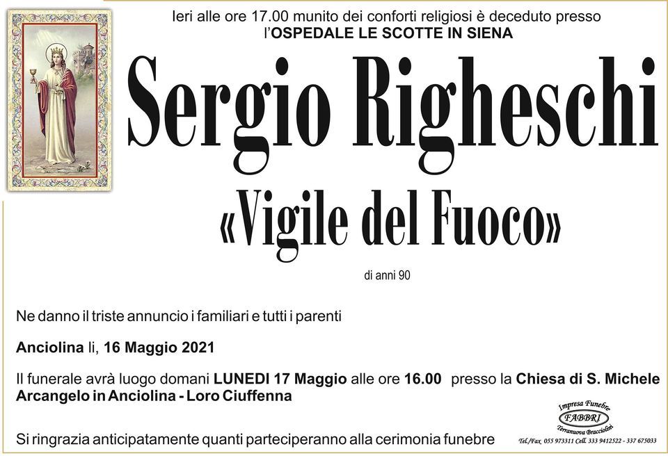 necrologio Sergio Righeschi- Vigile del Fuoco
