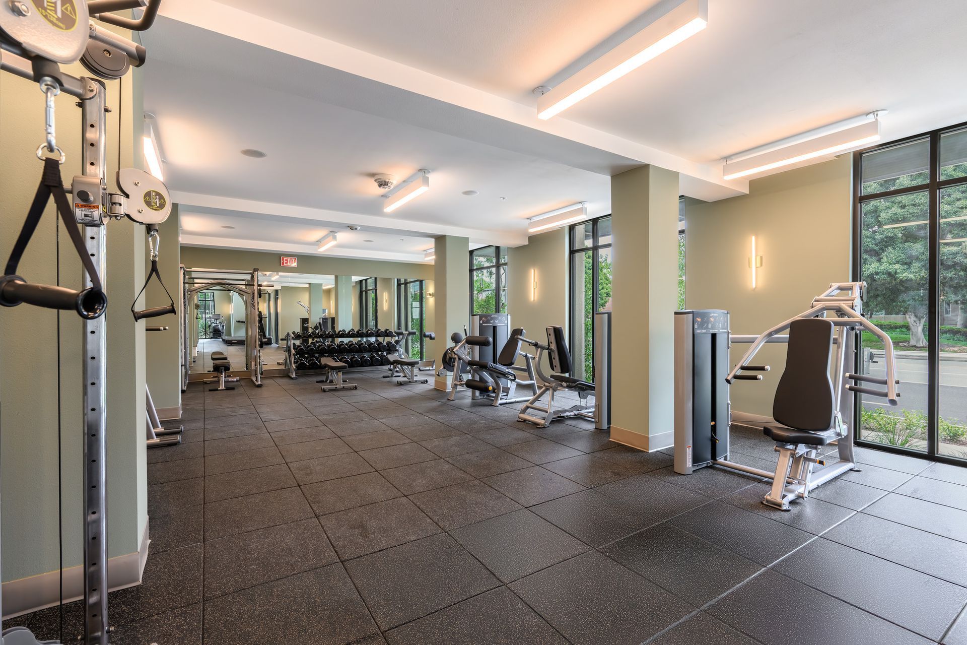 A large gym with a lot of equipment and a lot of windows